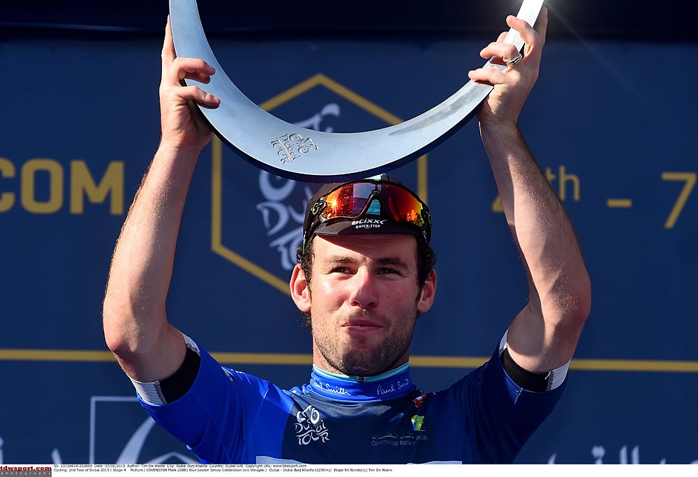 Mark Cavendish (Etixx-QuickStep) with the Dubai Tour trophy