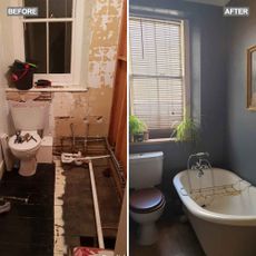 bathroom before after with western commode and white bathtub and white window
