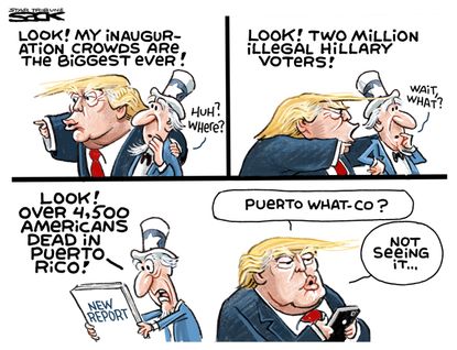 Political cartoon US Trump Puerto Rico inauguration Hillary Clinton Hurricane Maria death toll