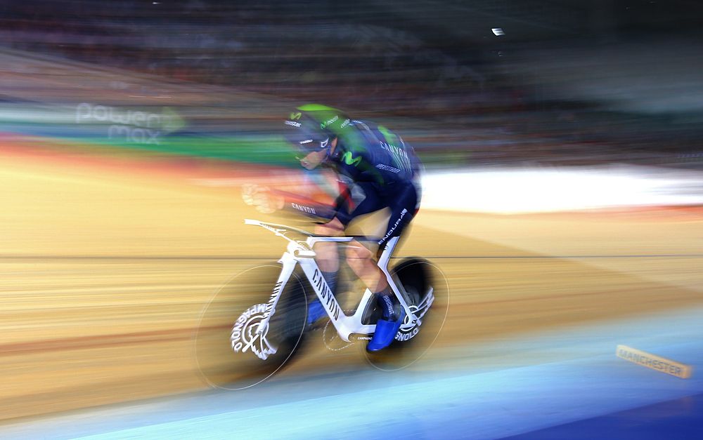 Alex Dowsett (Movistar) riding at the Manchester Velodrome