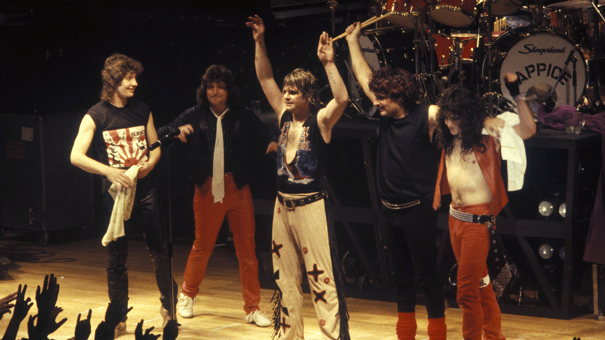 Ozzy Osbourne performing live at De Montfort Hall in the U.K, 10 November, 1983. (from left) Don Airey, Bob Daisley, Ozzy Osbourne, Carmine Appice, Jake E. Lee