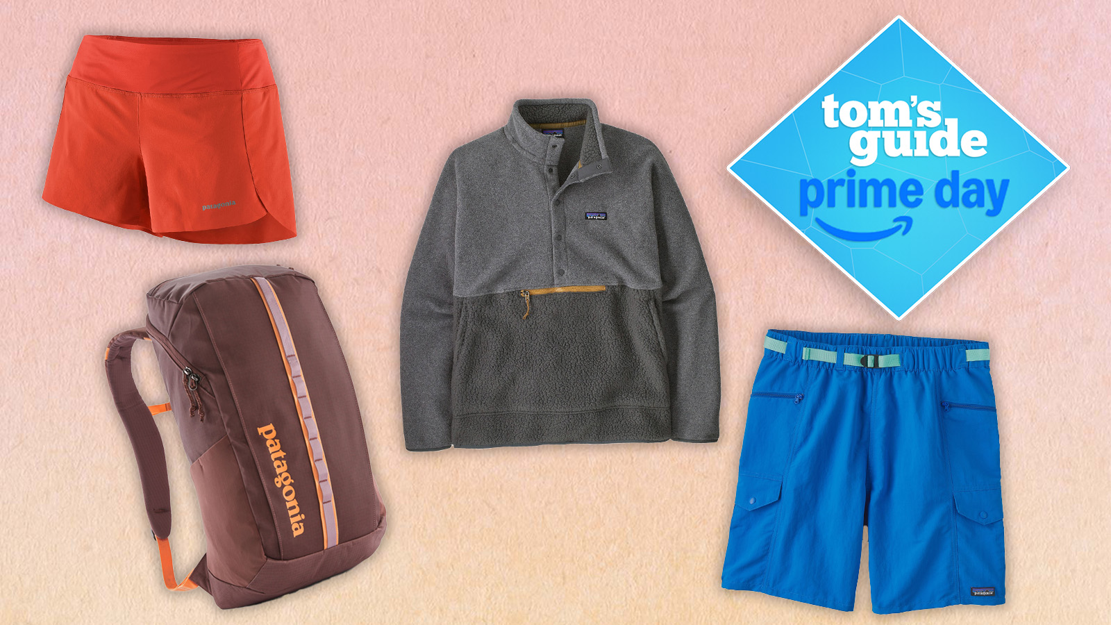 a peach composite image with a blue diamond tom's guide deal badge and four patagonia items: running shorts, fleece, backpack, and shorts