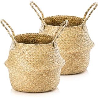 Duscdesp 2pcs Seagrass Storage Baskets Woven Basket With Handle,plant Pot Basket Foldable Toy Laundry Belly Basket,round Storage Basket for Shelves (s 24×20)