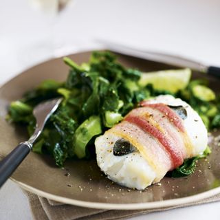 Baked Cod and Bacon with Sage and Greens