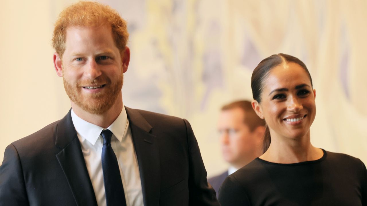 Prince Harry, Duke of Sussex and Meghan, Duchess of Sussex arrive at the United Nations Headquarters on July 18, 2022 in New York City. Prince Harry, Duke of Sussex is the keynote speaker during the United Nations General assembly to mark the observance of Nelson Mandela International Day where the 2020 U.N. Nelson Mandela Prize will be awarded to Mrs. Marianna Vardinogiannis of Greece and Dr. Morissanda Kouyaté of Guinea. 