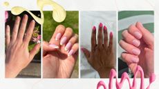 A collage of our Beauty team's July nails: on the left is Fiona's naked manicure, followed by Sennen's lemon polka dot French tips, Aleesha's hot pink nails and Naomi's subtle French tip nails/ in a template with pink and yellow nail polish spills.