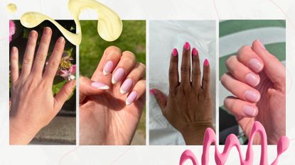 A collage of our Beauty team's July nails: on the left is Fiona's naked manicure, followed by Sennen's lemon polka dot French tips, Aleesha's hot pink nails and Naomi's subtle French tip nails/ in a template with pink and yellow nail polish spills.