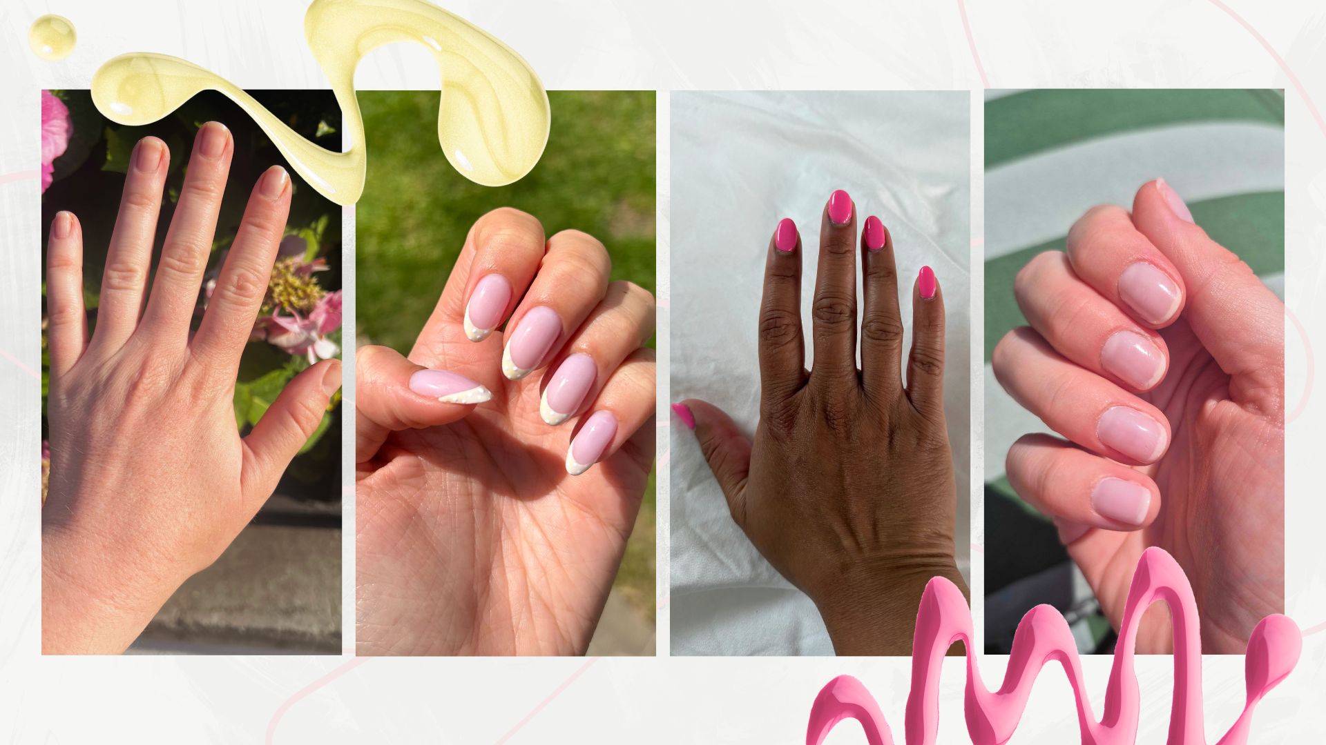 A collage of our Beauty team's July nails: on the left is Fiona's naked manicure, followed by Sennen's lemon polka dot French tips, Aleesha's hot pink nails and Naomi's subtle French tip nails/ in a template with pink and yellow nail polish spills.