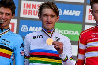Mikkel Bjerg on the podium after winning the 2018 U23 time trial world championship