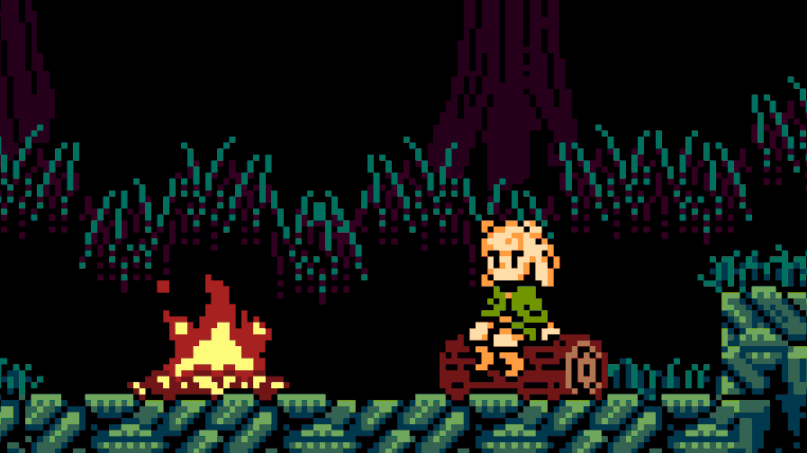 Zelda pixel art game; a character kicks their feet in front of a fire