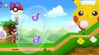 A character runs across a grassy plain with a Pikachu balloon in the background in HarmoKnight