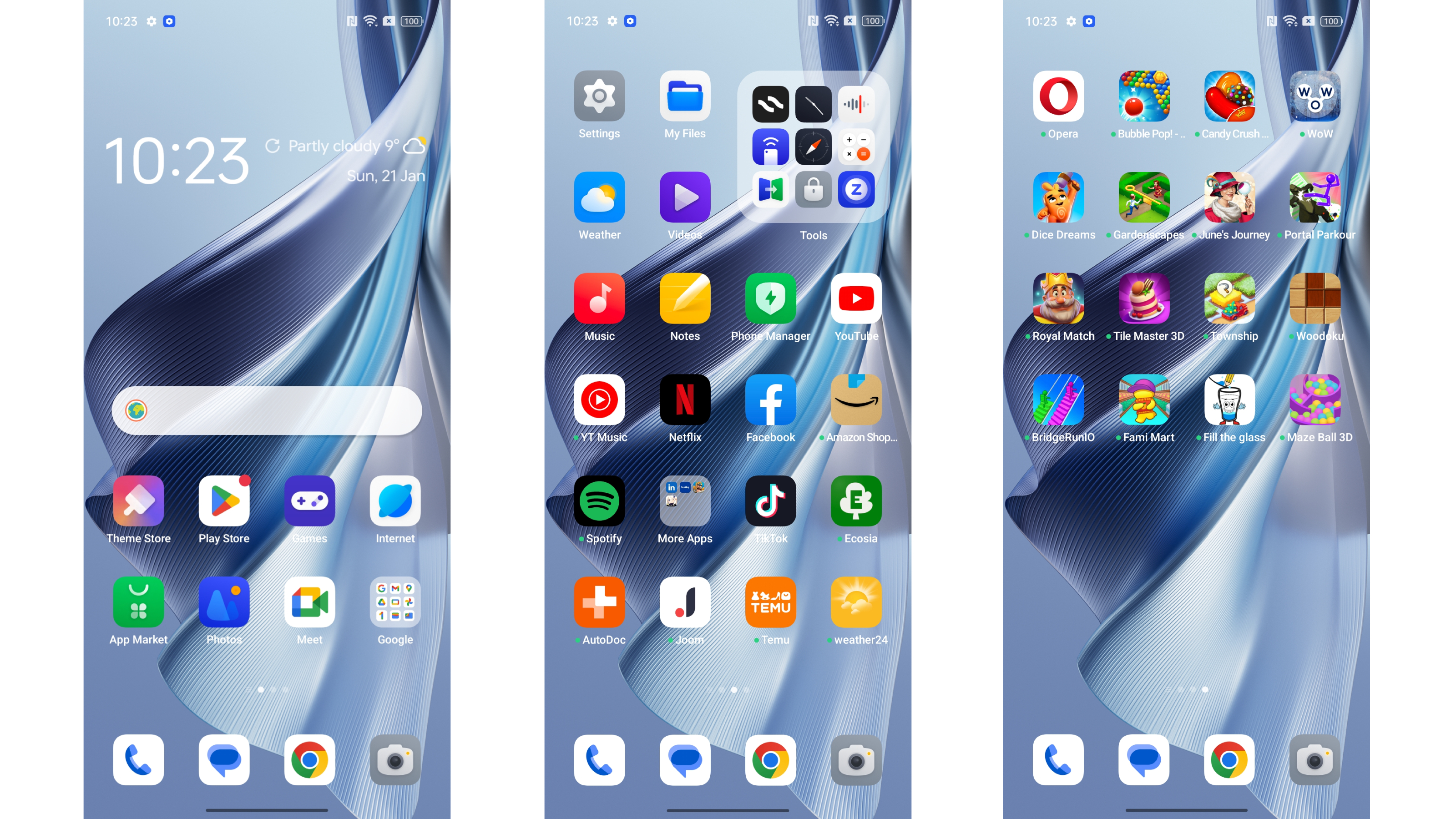 Three screenshots showing the user interface of the Oppo Reno 10 as soon as it was set up for the first time.