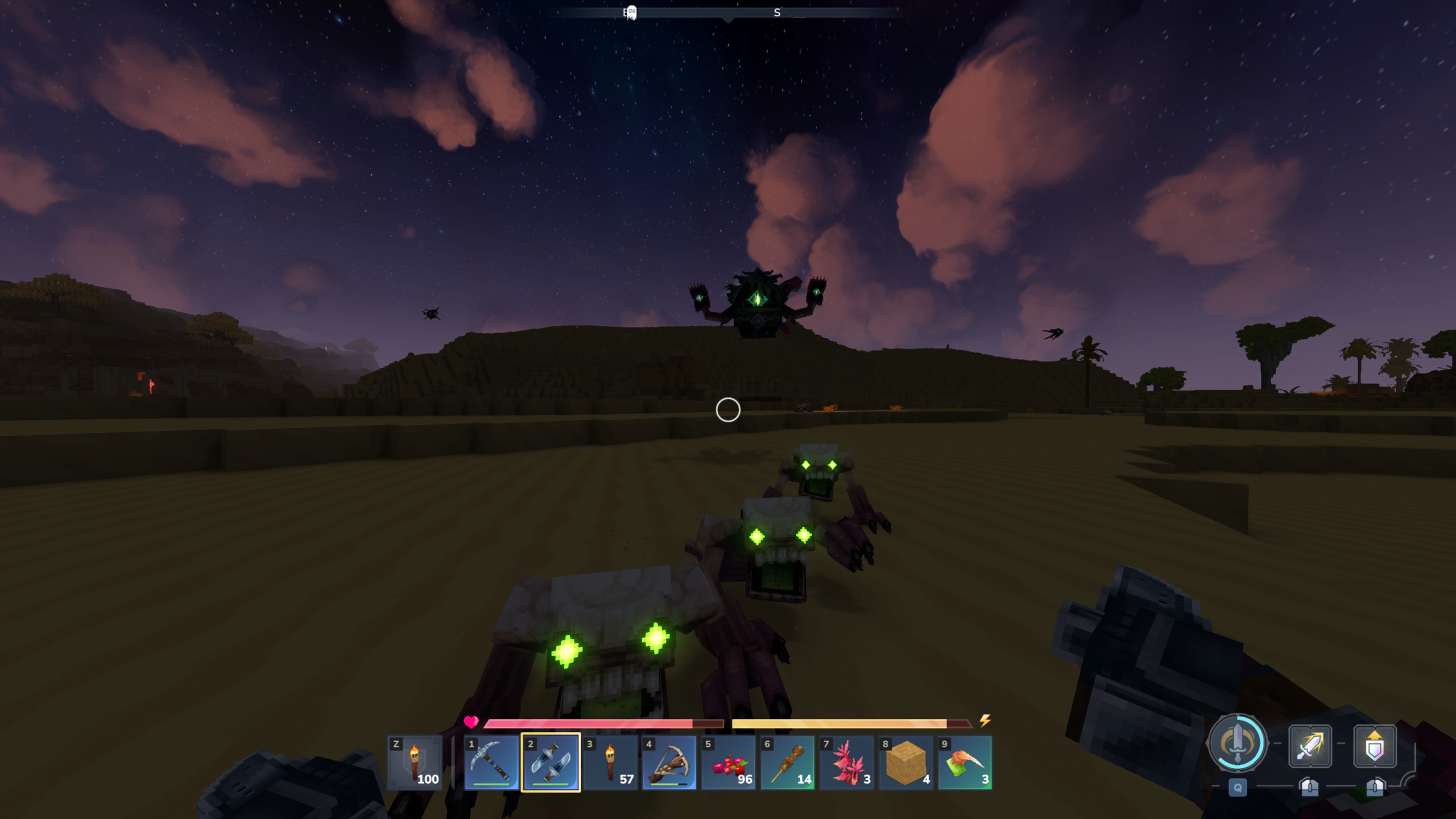 Hytale voidheart: A player looking at several Voidspawn, holding daggers, as they charge towards them.