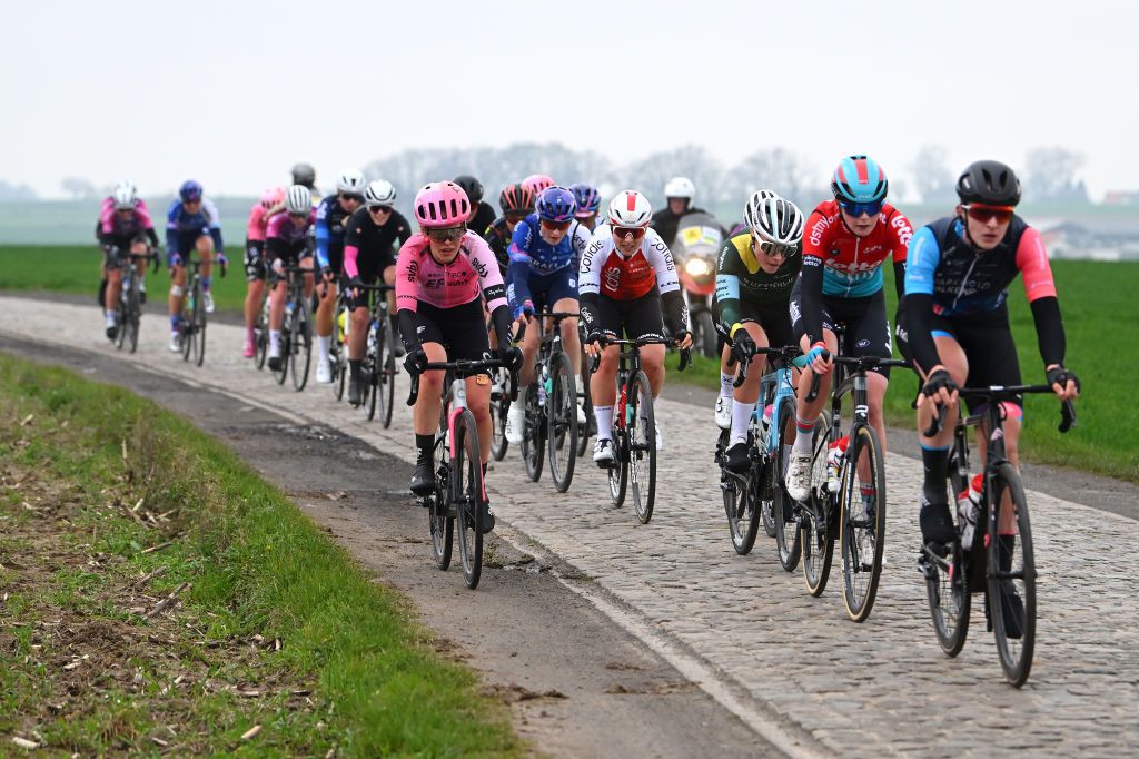 OUDENAARDE BELGIUM APRIL 02 Clara Honsinger of The United States and Team EF EducationTibcoSvb and Valentine Fortin of France and Cofidis Women Team compete during the 20th Ronde van Vlaanderen Tour des Flandres 2023 Womens Elite a 1566km one day race from Oudenaarde to Oudenaarde UCIWWT on April 02 2023 in Oudenaarde Belgium Photo by Luc ClaessenGetty Images