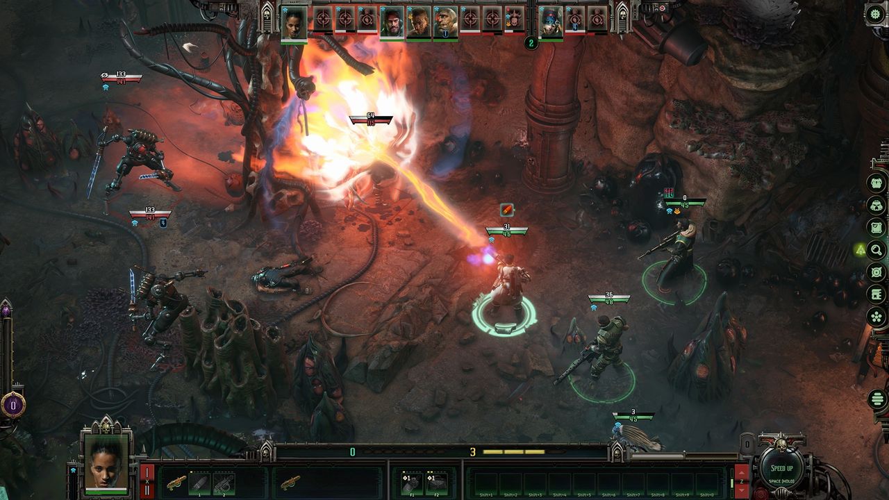 Press kit screenshots of Warhammer 40,000: Dark Heresy's turn-based combat system.