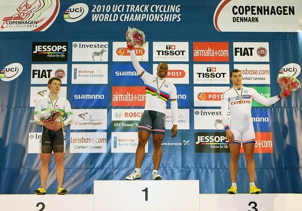 The men's sprint podium - Shane Perkins (Australia), Gregory Bauge (France) and Kevin Sireau (France)/