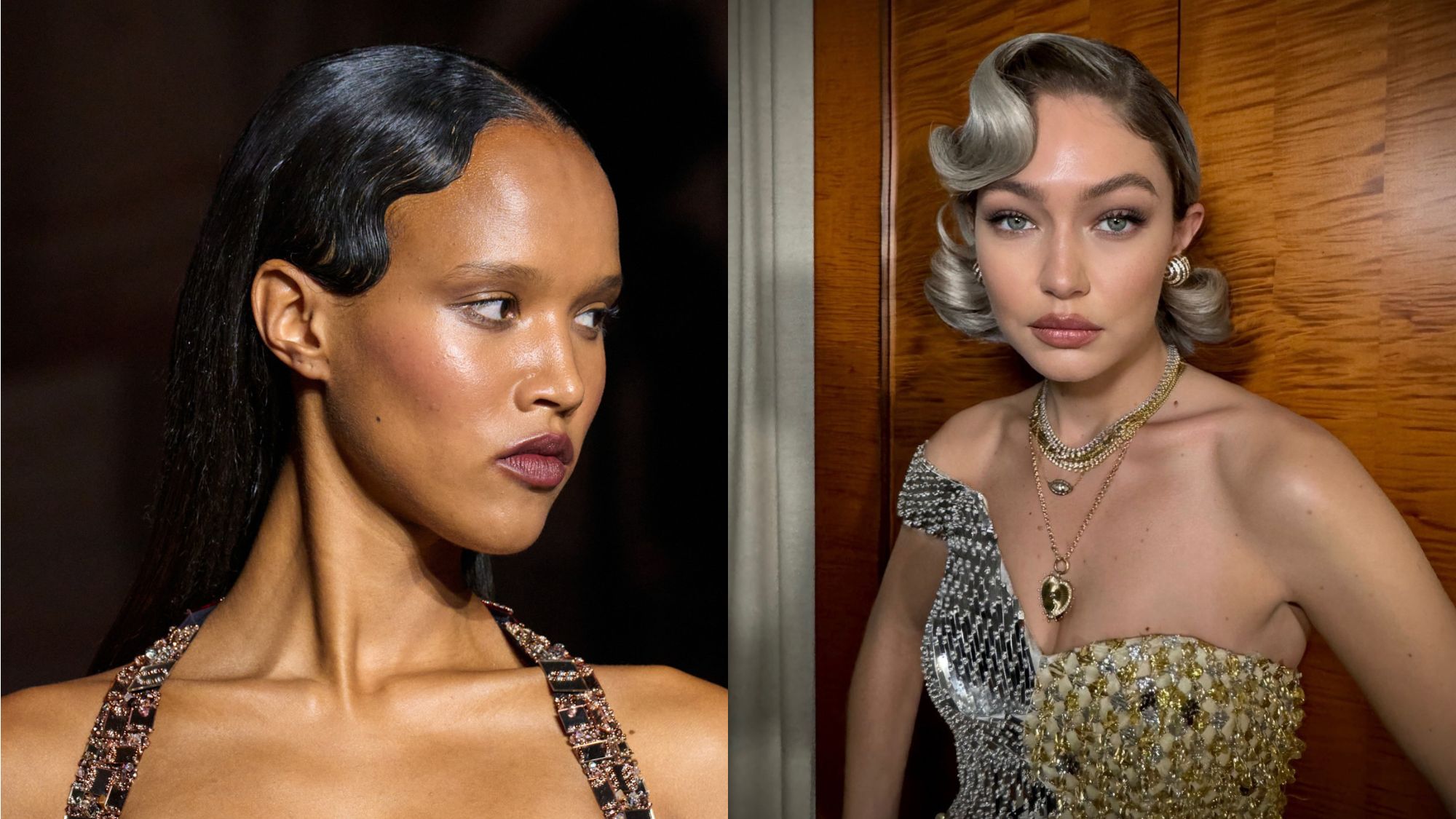 A model and Gigi Hadid wearing old Hollywood-inspired hairstyles.