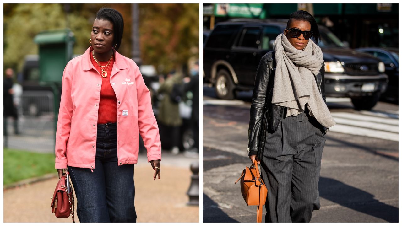 Nikki Ogunnaike wearing a pink jacket and jeans, Nikki Ogunnaike wearing a gray scarf, black pants, and a leather jacket