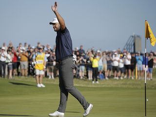 Jonathan Thomson celebrates making a hole-in-one at the Open Championship