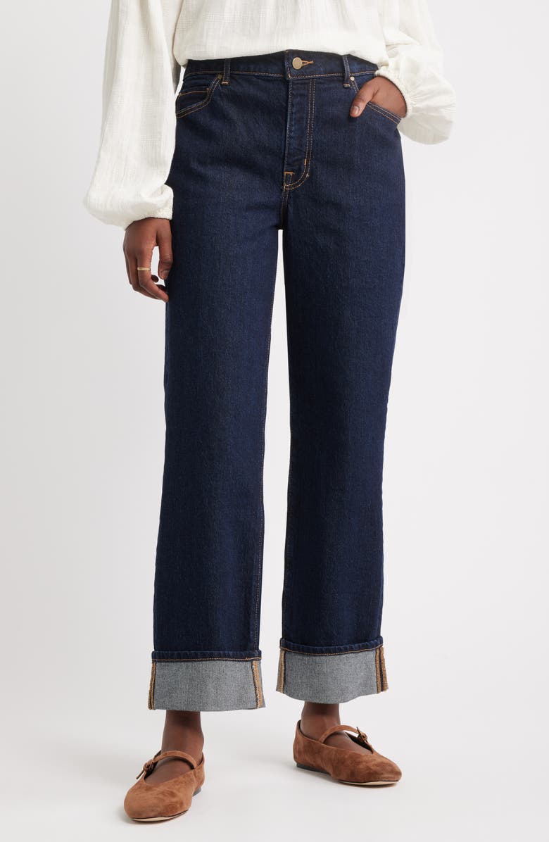 Cuffed High Waist Stretch Denim Straight Leg Jeans