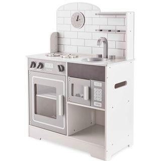 wooden toy kitchen with white background