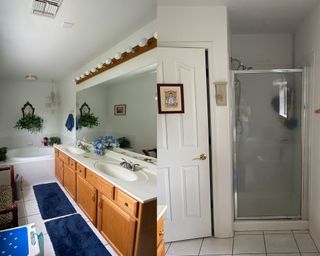 Before of Brooke Waite's dated bathroom space with wood detailing, carpet and white bland walls