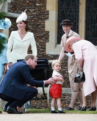Catherine, Duchess of Cambridge, Prince William, Duke of Cambridge, Princess Charlotte of Cambridge and Prince George of Cambridge, Queen Elizabeth II and Royal nanny Maria Teresa Turrion Borrallo leave the Church of St Mary Magdalene