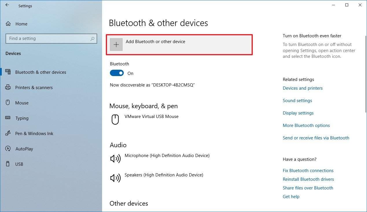 Bluetooth settings on Windows 10