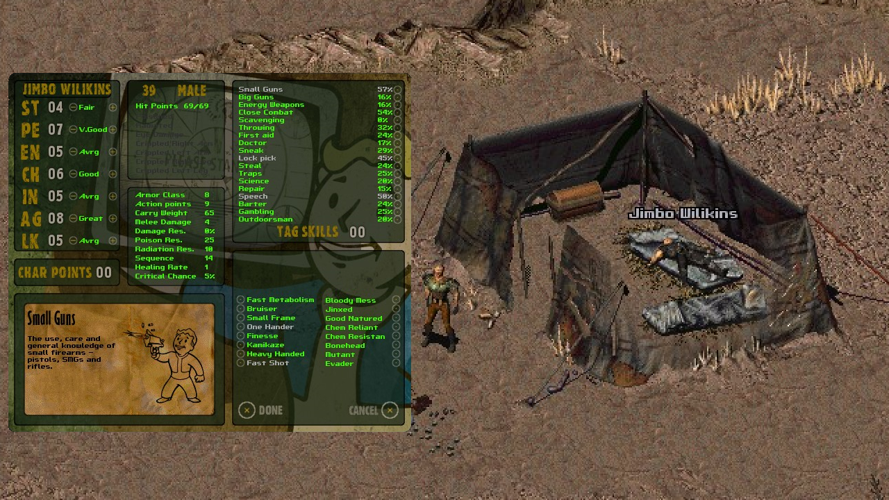 FOnline2 screenshot showing the game's starting location with the player's character sheet superimposed.