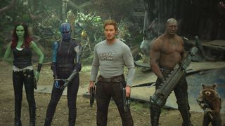 From left: Zoe Saldana, Karen Gillan, Chris Pratt, Dave Bautista, and Bradley Cooper (as the voice of Rocket) in Guardians of the Galaxy Vol. 2.