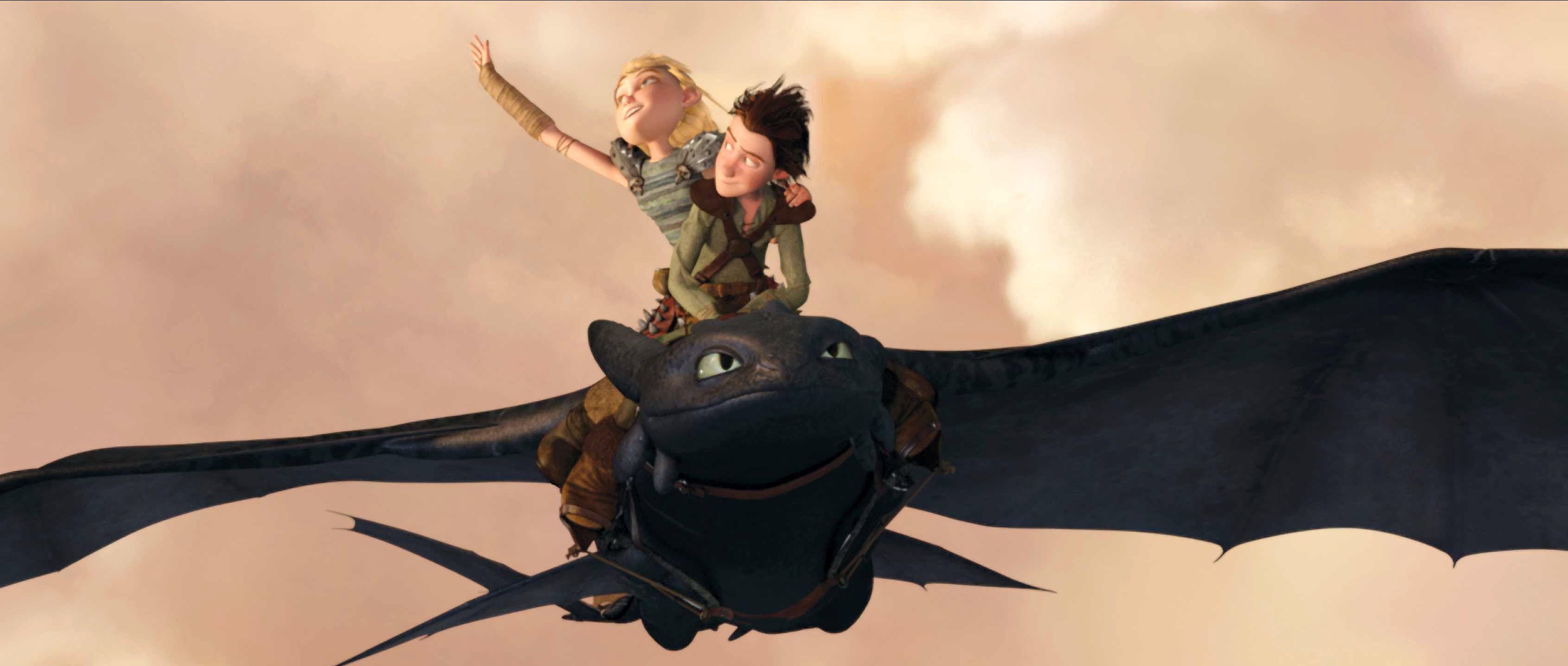 hiccup, astrid, and toothless from the 2010 how to train your dragon movie flying on a dragon in the clouds