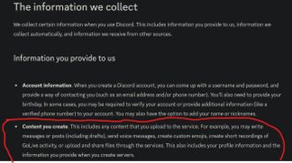 a screenshot of discord's new privacy policy with a circled paragraph