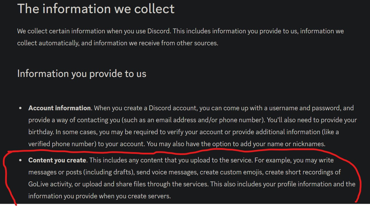 Screenshot van het nieuwe privacybeleid van Discord met een omcirkelde alinea