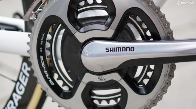 Contador has the new Dura-Ace Di2 shifters and derailleurs, but uses the 9000 crank for a simple reason: SRM stopped producing power meters with Shimano cranks