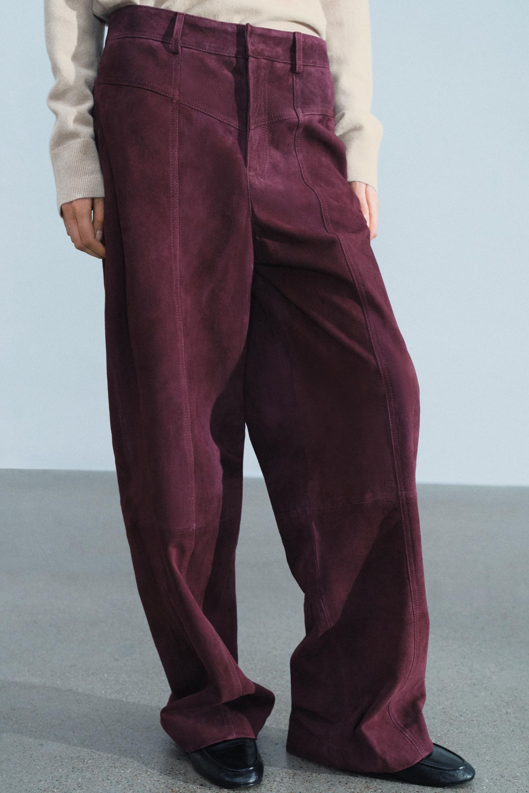 Zw Collection 100% Suede Leather Trousers With Pockets - Burgundy - Xs