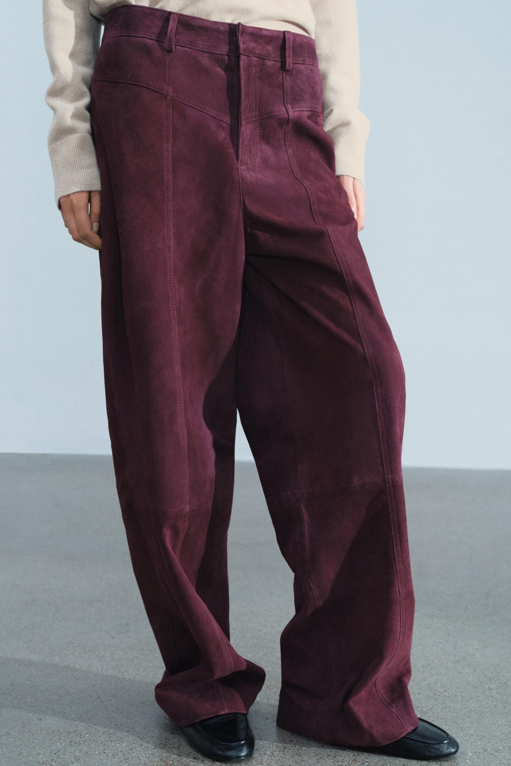 Zw Collection 100% Suede Leather Trousers With Pockets - Burgundy - Xs