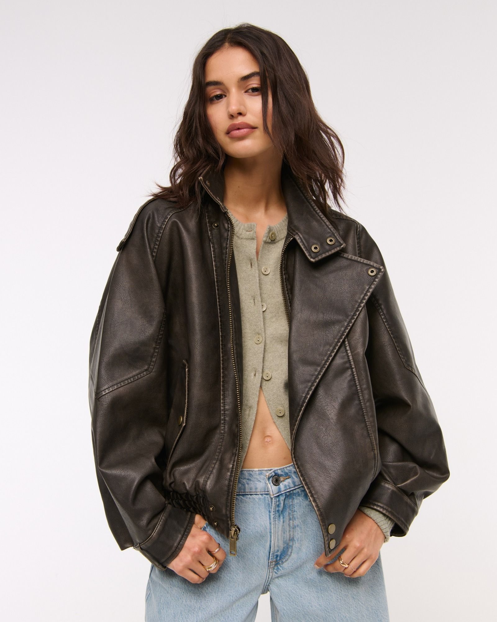 abercrombie, Vegan Leather Distressed Bomber Jacket