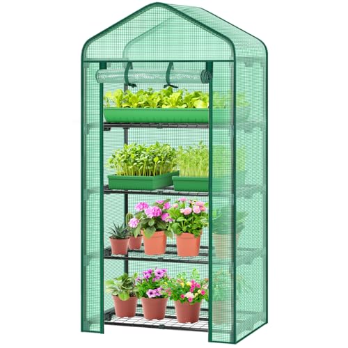 Ohuhu Mini Greenhouse for Indoor Outdoor, 27 X 19 X 62-Inch Small Plant Green House 4-Tier Rack Stand Portable Greenhouses With Durable Pe Cover for Seedling, Ideal Gardening Gifts for Women Men
