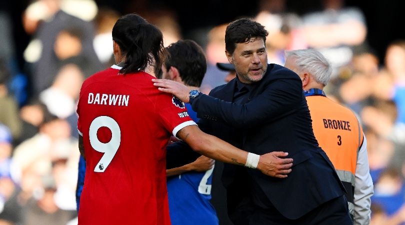 Chelsea manager Mauricio Pochettino with Liverpool&#039;s Darwin Nunez after the teams&#039; 1-1 draw at Stamford Bridge in August 2023. 