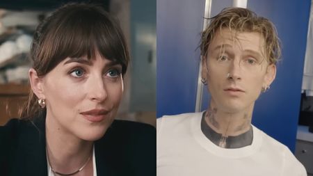 Lucy Mason (Dakota Johnson) looks ahead during a conversation in Materialists, while MGK addresses viewers in a BTS clip for the clich&eacute; music video.