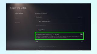 Video Output submenu with Enhance Image Quality for PS4 Games toggle highlighted with a green box