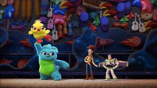 Ducky and Bunny meeting Woody and Buzz in Toy Story 4.