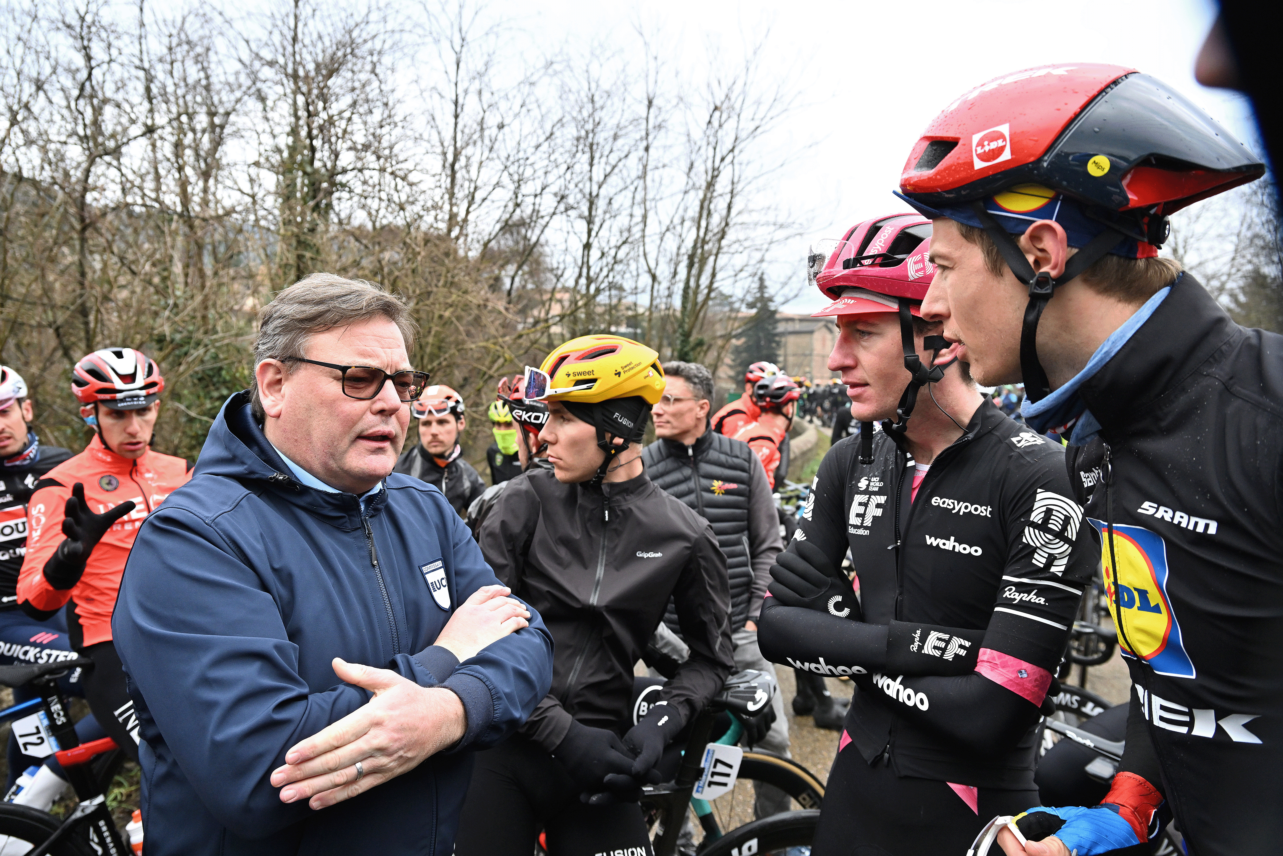 BESSEGES, FRANCE - FEBRUARY 07: The peloton negotiating with the UCI commissaires about the resumption of the race due to adverse weather conditions during the 55th Etoile de Besseges - Tour du Gard 2025, Stage 3 a 164.05km stage from Besseges to Besseges on February 07, 2025 in Besseges, France. (Photo by Billy Ceusters/Getty Images)