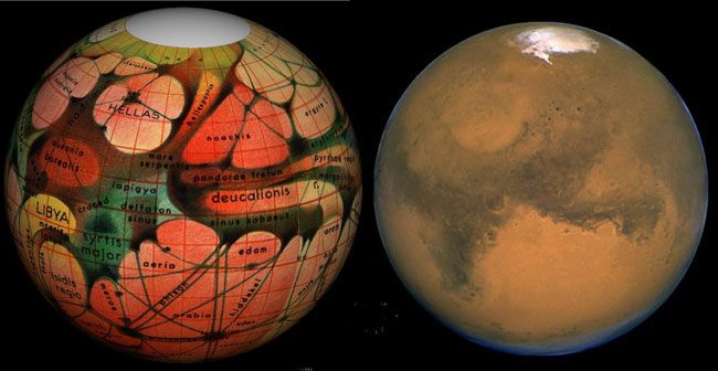(Left) This 1894 map of Mars was prepared by Eugene Antoniadi and redrawn by Lowell Hess. (Right) A Hubble Space Telescope photo of Mars shows the modern view of our neighboring planet. 