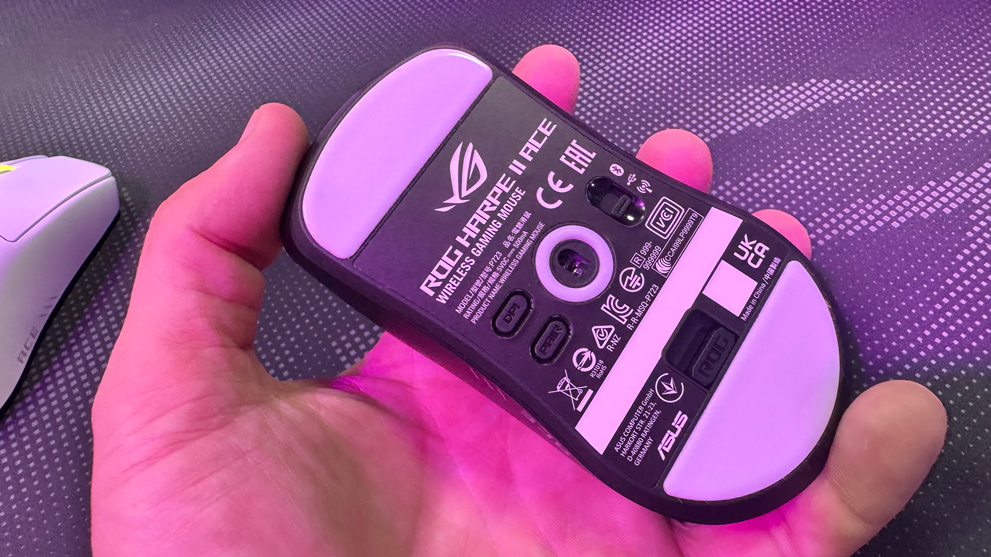 Asus ROG Harpe II Ace gaming mouse on a mousepad at Computex 2025.