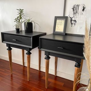 2 refurbished black vintage bedside table with 3 pot plants on the one and two framed pictures on the other one