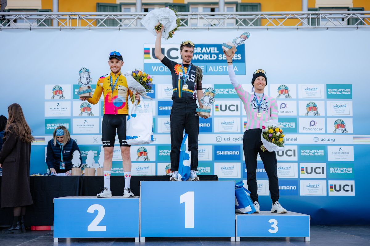 Elite men's podium at W&ouml;rthersee Gravel 2025, a round of the UCI Gravel World Series - Magnus Bak Klaris (PAS Racing) first, Felix Stehli (Team Vorarlberg) second and Lukas P&ouml;stlberger (Rose Racing Circle) third