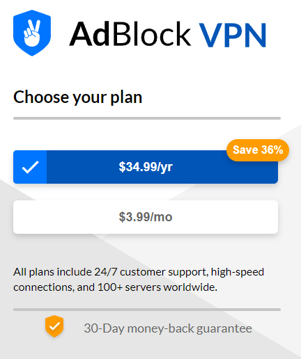 AdBlock VPN's pricing structure