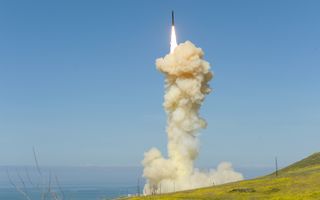 The 'lead' Ground-based Interceptor is launched from Vandenberg Air Force Base, Calif., March 25, 2019, in the first-ever salvo engagement test of a threat-representative ICBM target. It was the first of two missiles launched to intercept an ICBM target vehicle by the Missile Defense Agency.