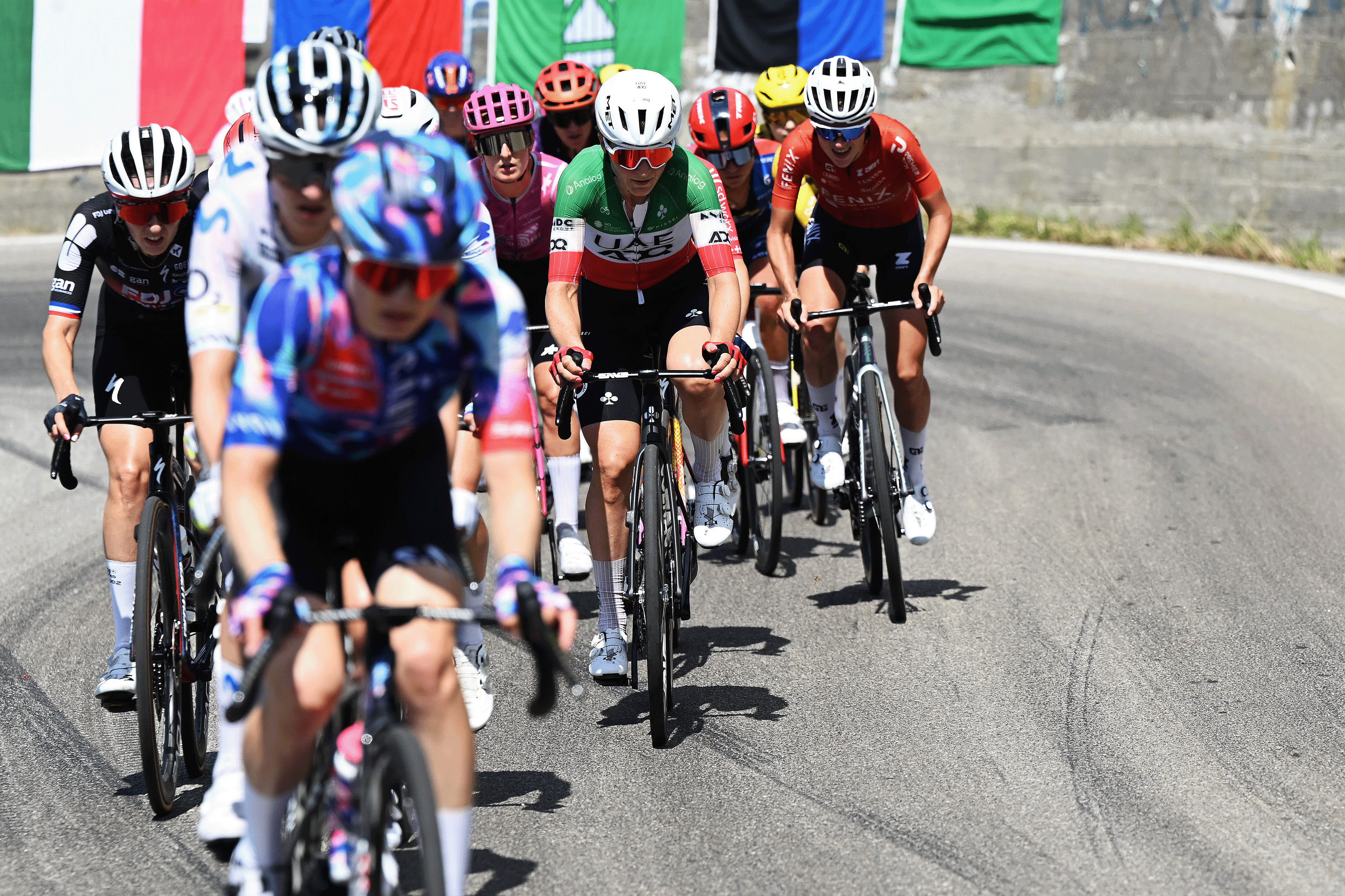 SONDRIO, ITALY - JUNE 17: Elisa Longo Borghini of Italy and UAE Team ADQ competes during the 10th Tour de Suisse Women 2026, Stage 1 a 109.3km stage from Sondrio to Sondrio / #UCIWWT / on June 17, 2026 in Sondrio, Italy. (Photo by Tim de Waele/Getty Images)